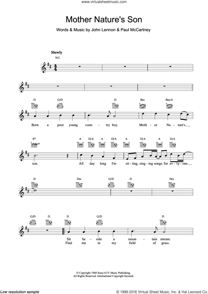 Mother Nature's Son sheet music for voice and other instruments (fake book) by The Beatles, Paul McCartney and John Lennon, intermediate skill level