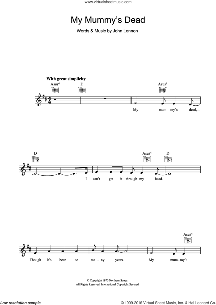 My Mummy's Dead sheet music for voice and other instruments (fake book) by John Lennon, intermediate skill level