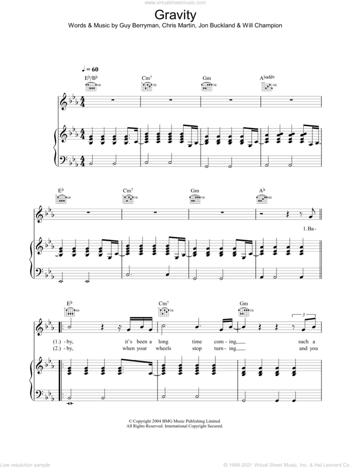 Gravity sheet music for voice, piano or guitar by Coldplay, Chris Martin, Guy Berryman, Jon Buckland and Will Champion, intermediate skill level