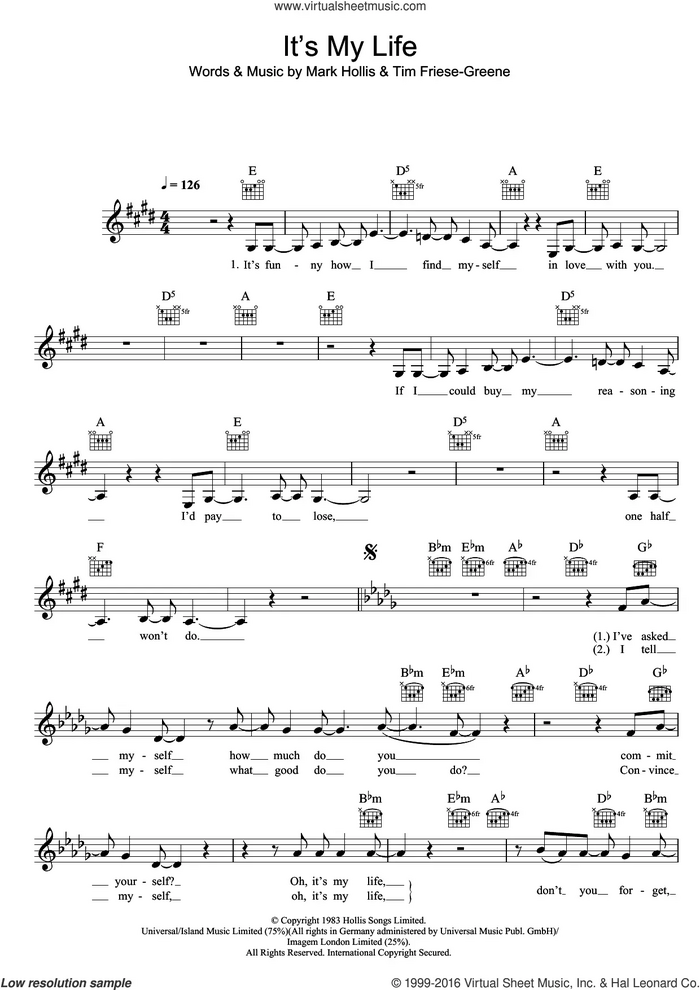 It's My Life sheet music for voice and other instruments (fake book) by No Doubt, Talk Talk, Mark Hollis and Tim Friese-Greene, intermediate skill level