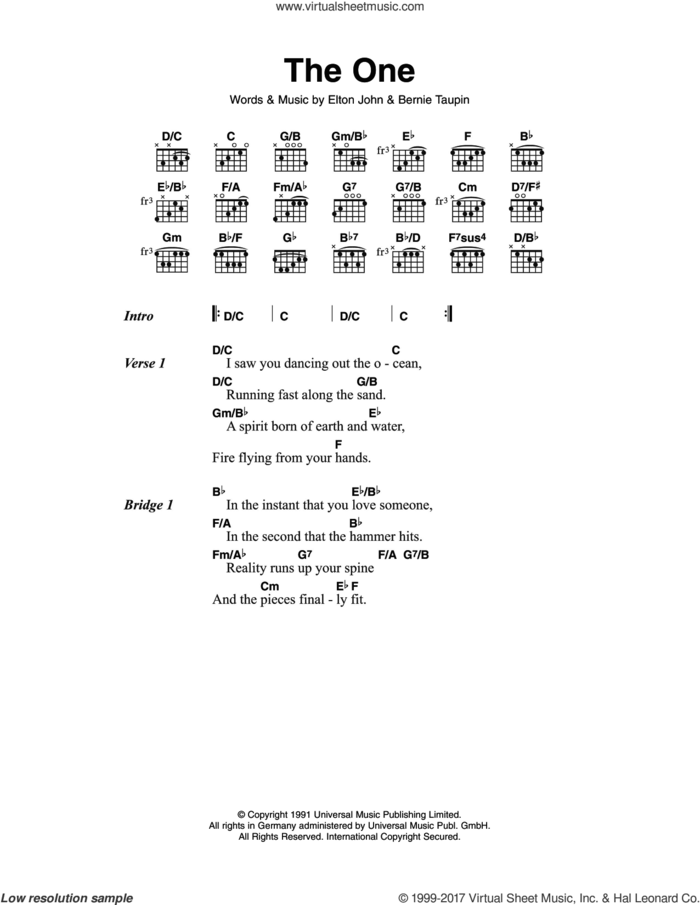 The One sheet music for guitar (chords) by Elton John and Bernie Taupin, intermediate skill level