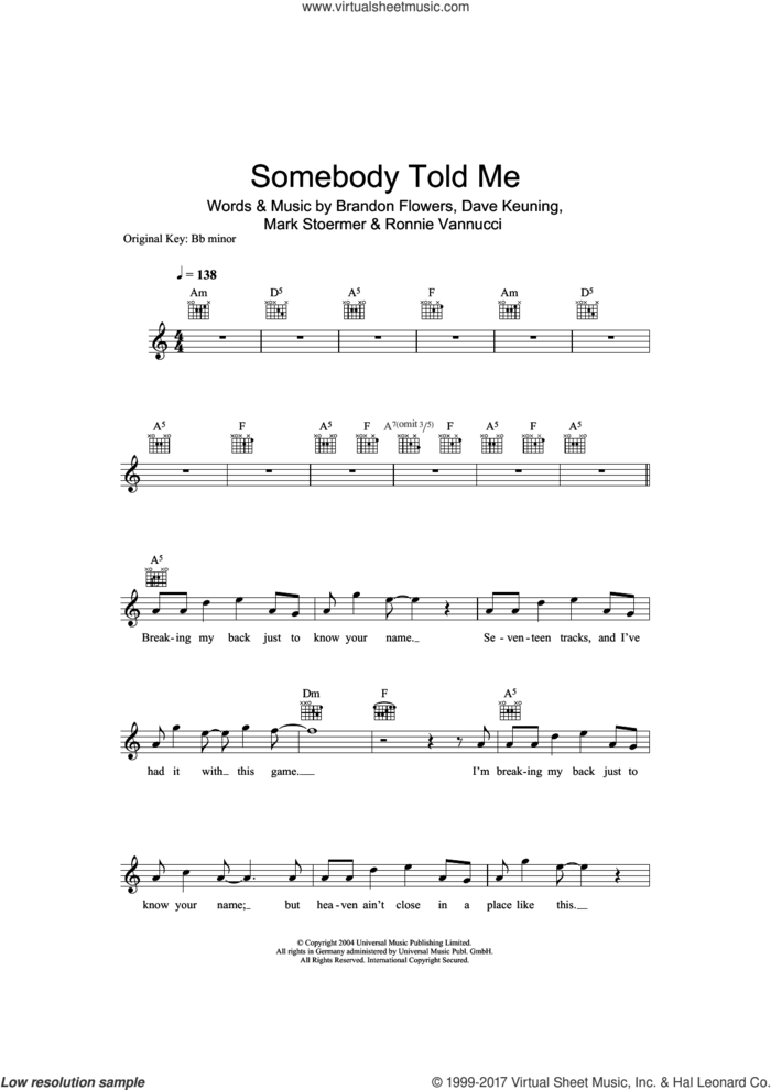 Somebody Told Me sheet music for voice and other instruments (fake book) by The Killers, Brandon Flowers, Dave Keuning, Mark Stoermer and Ronnie Vannucci, intermediate skill level