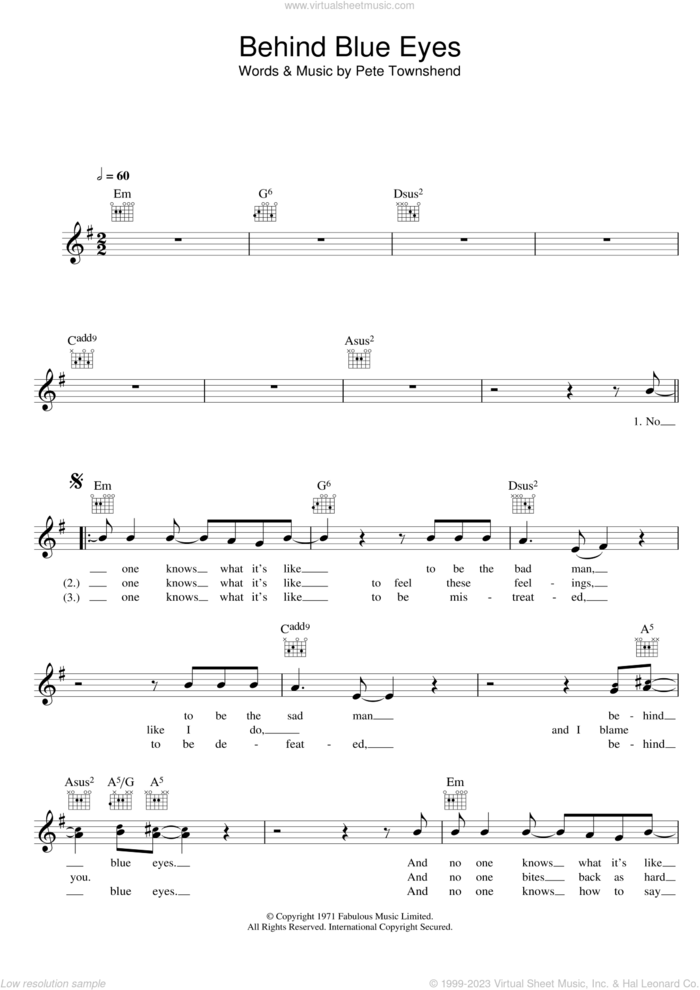 Behind Blue Eyes sheet music for voice and other instruments (fake book) by Limp Bizkit, The Who and Pete Townshend, intermediate skill level