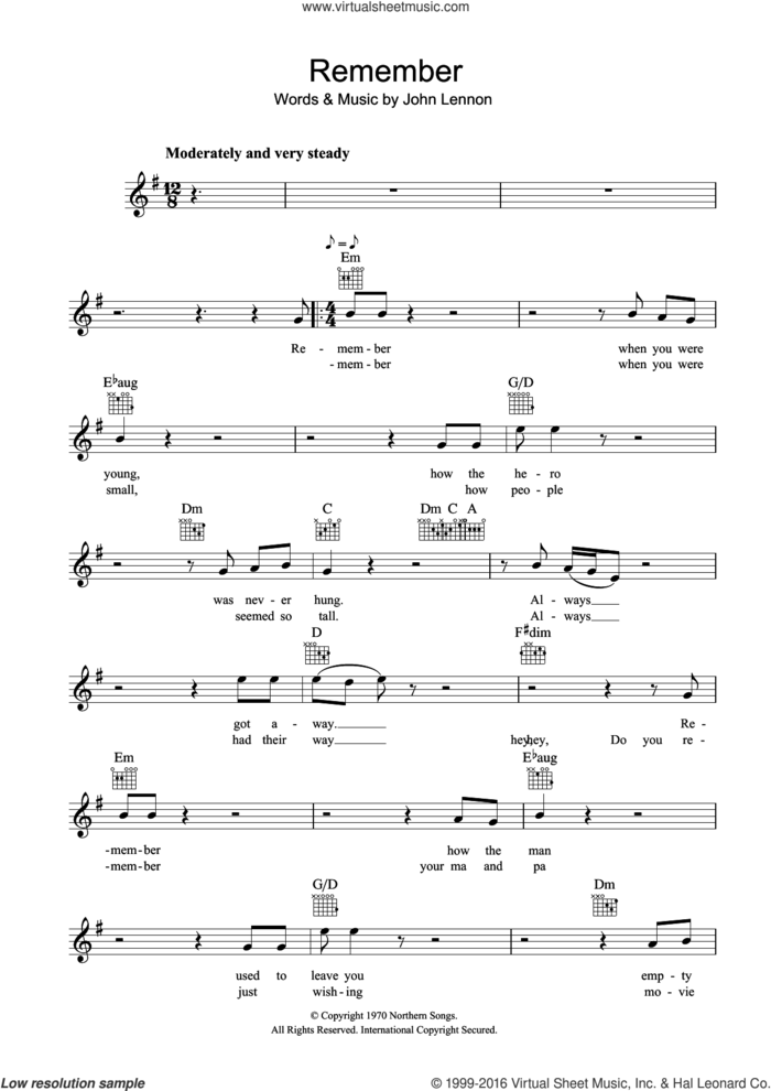 Remember sheet music for voice and other instruments (fake book) by John Lennon, intermediate skill level