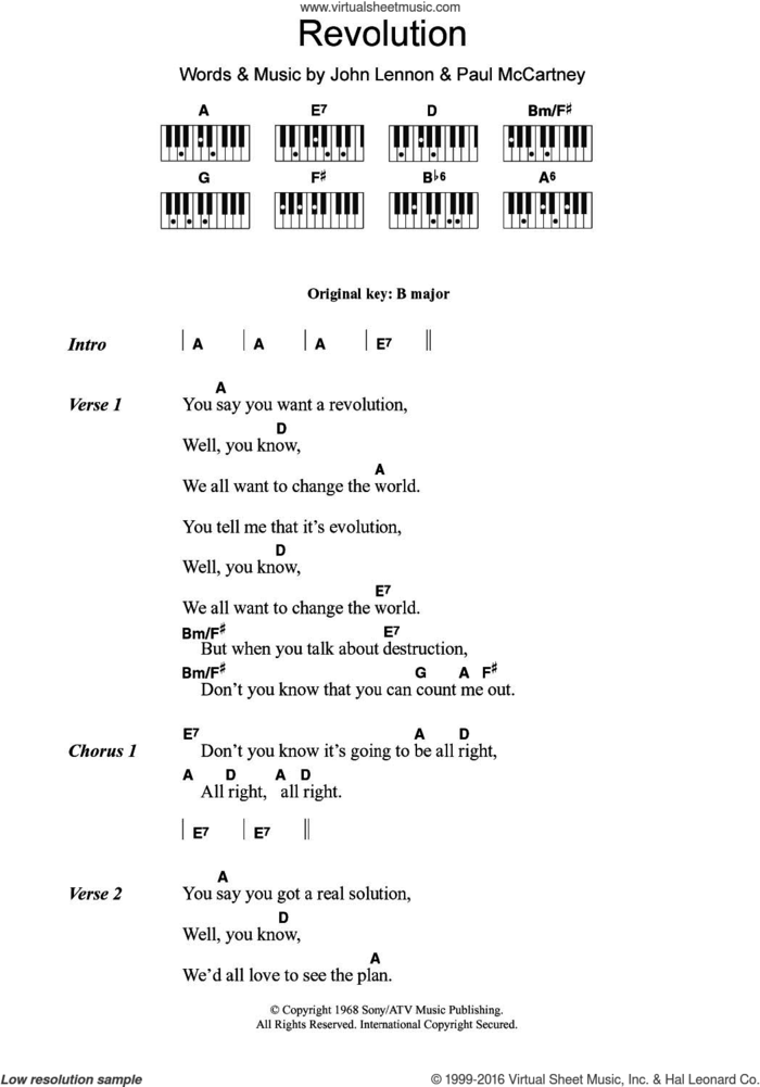 Revolution sheet music for piano solo (chords, lyrics, melody) by The Beatles, John Lennon and Paul McCartney, intermediate piano (chords, lyrics, melody)