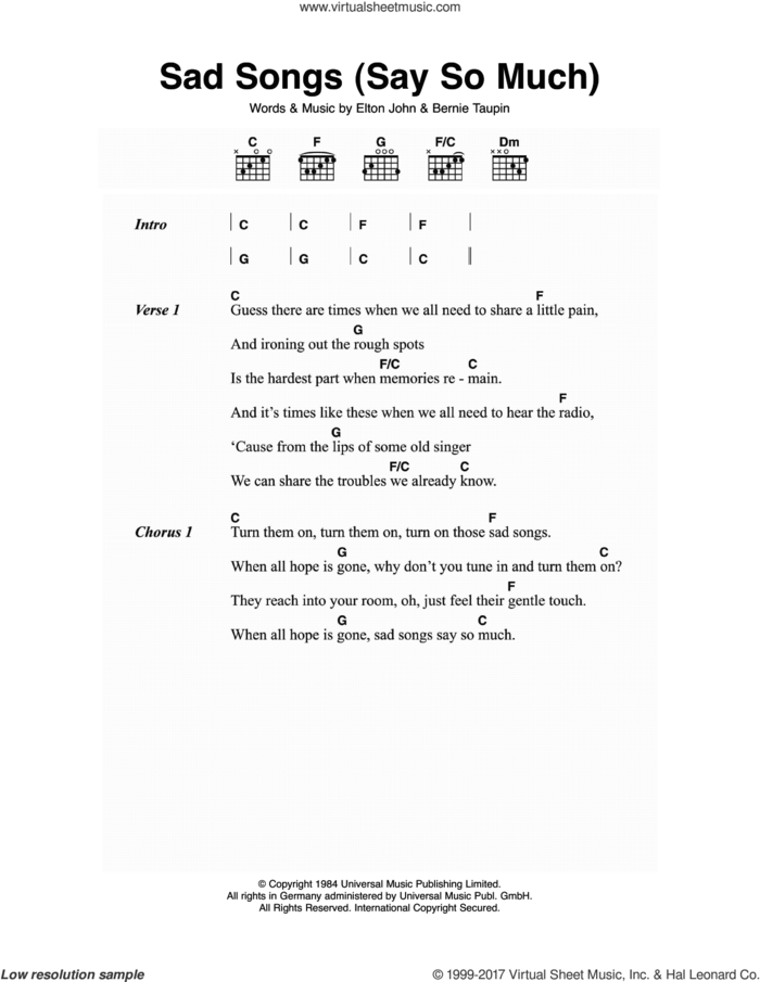 Sad Songs (Say So Much) sheet music for guitar (chords) by Elton John and Bernie Taupin, intermediate skill level