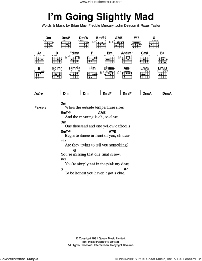 I'm Going Slightly Mad sheet music for guitar (chords) by Queen, Brian May, Freddie Mercury, John Deacon and Roger Taylor, intermediate skill level