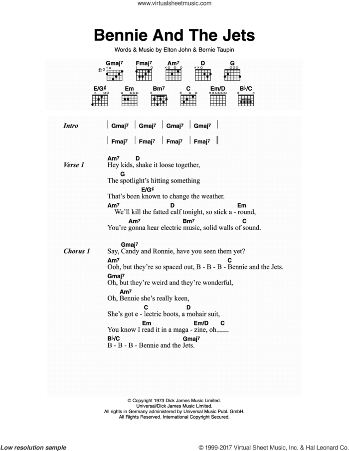 Bennie And The Jets sheet music for guitar (chords) by Elton John and Bernie Taupin, intermediate skill level