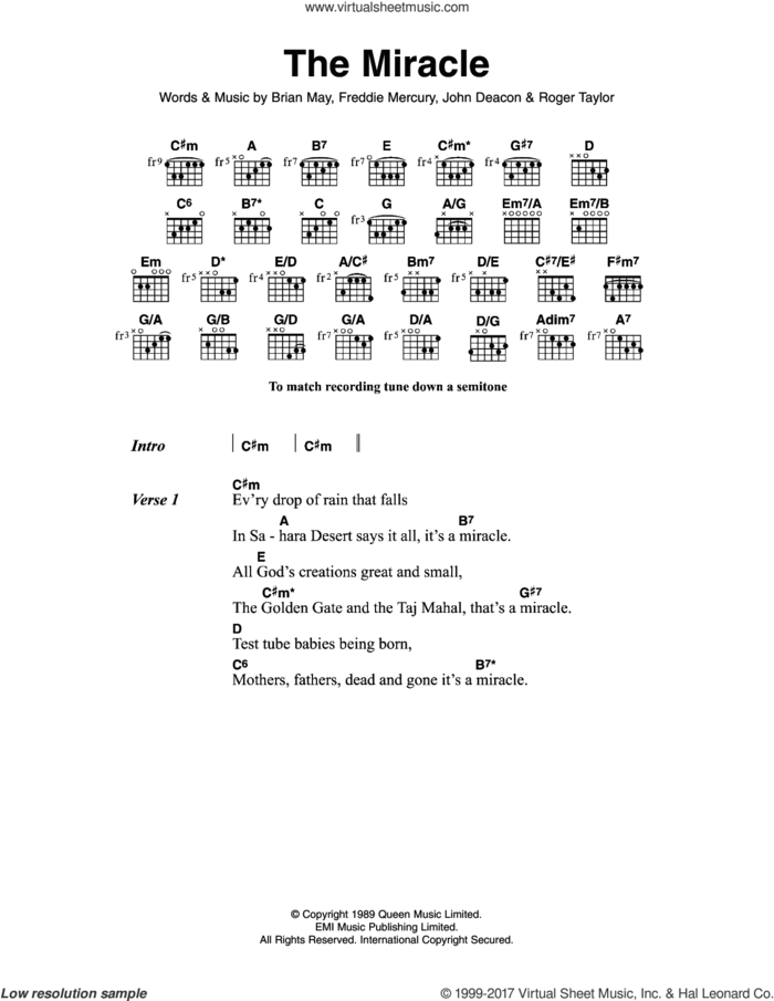 The Miracle sheet music for guitar (chords) by Queen, Brian May, Freddie Mercury, John Deacon and Roger Taylor, intermediate skill level