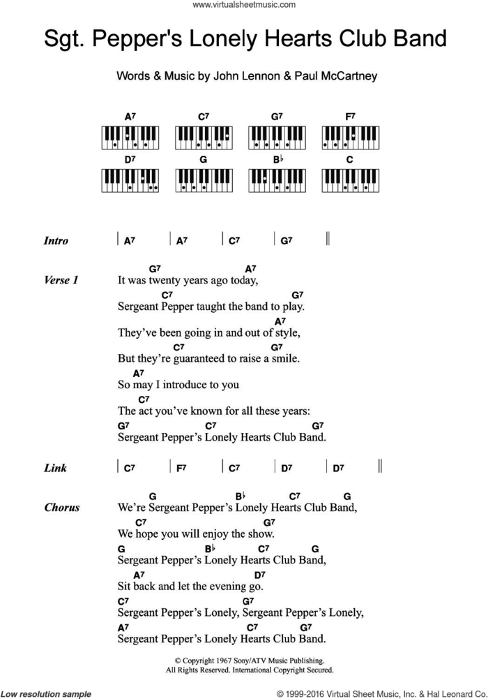 Sgt. Pepper's Lonely Hearts Club Band sheet music for piano solo (chords, lyrics, melody) by The Beatles, John Lennon and Paul McCartney, intermediate piano (chords, lyrics, melody)