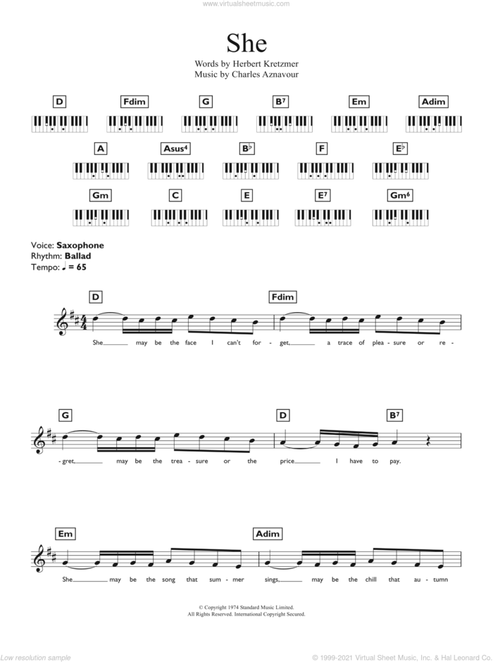 She sheet music for piano solo (chords, lyrics, melody) by Elvis Costello, Charles Aznavour and Herbert Kretzmer, intermediate piano (chords, lyrics, melody)