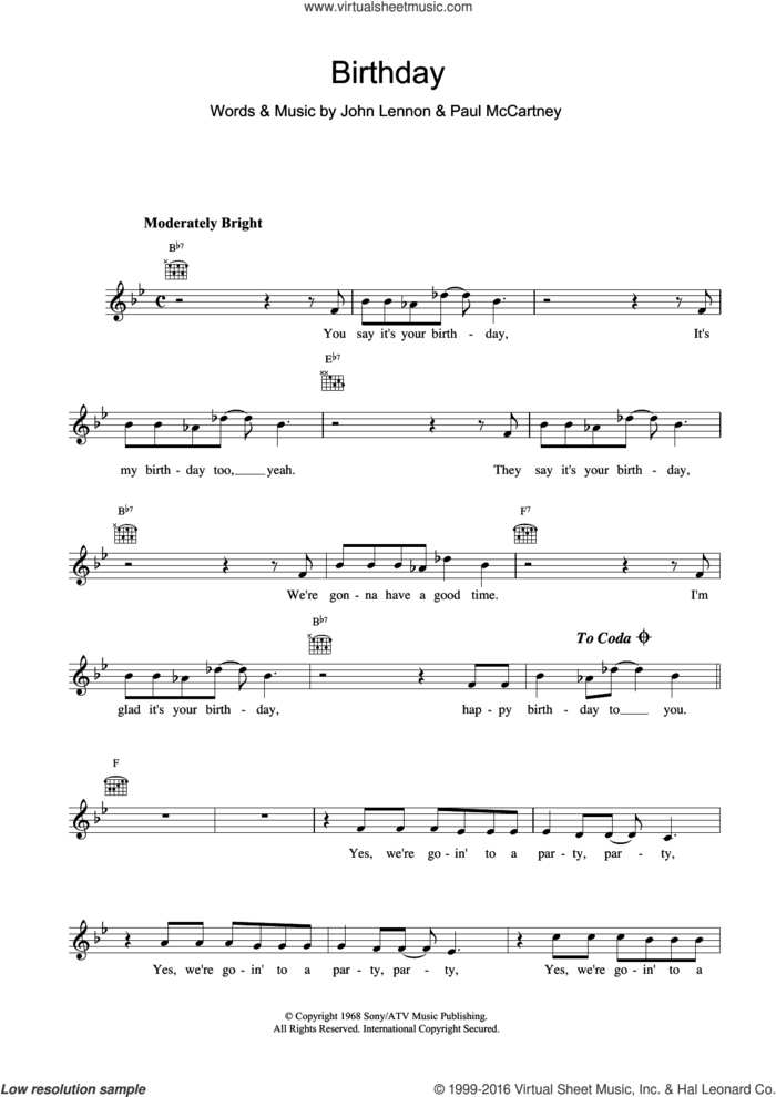 Birthday sheet music for voice and other instruments (fake book) by The Beatles, John Lennon and Paul McCartney, intermediate skill level