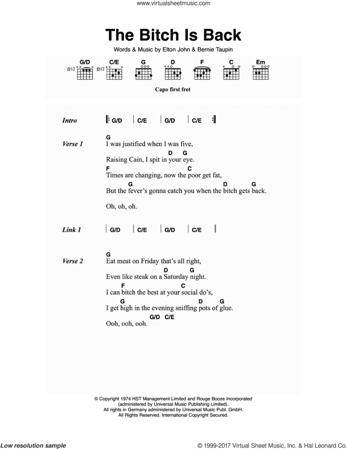 The Bitch Is Back sheet music for guitar (chords) by Elton John and Bernie Taupin, intermediate skill level