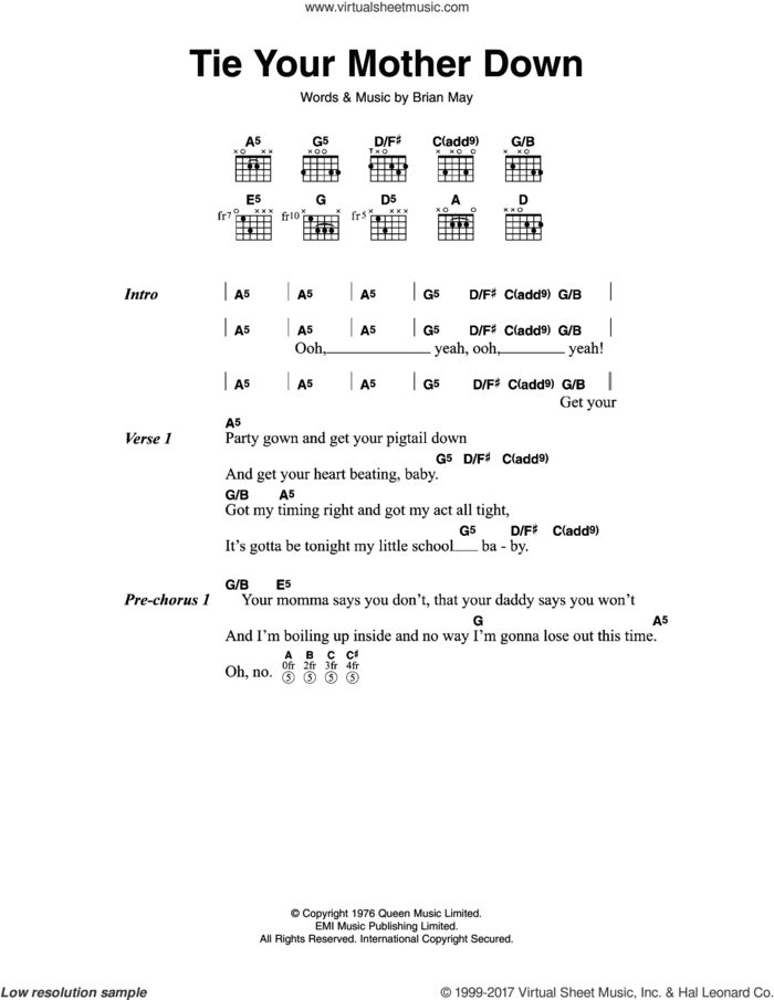 Tie Your Mother Down sheet music for guitar (chords) by Queen and Brian May, intermediate skill level