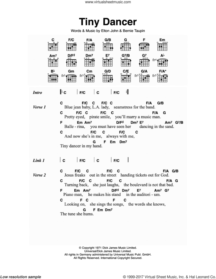 Tiny Dancer sheet music for guitar (chords) by Elton John and Bernie Taupin, intermediate skill level