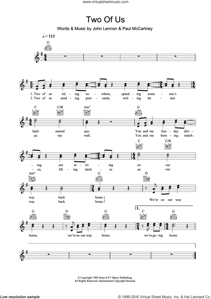 Two Of Us sheet music for voice and other instruments (fake book) by The Beatles, John Lennon and Paul McCartney, intermediate skill level