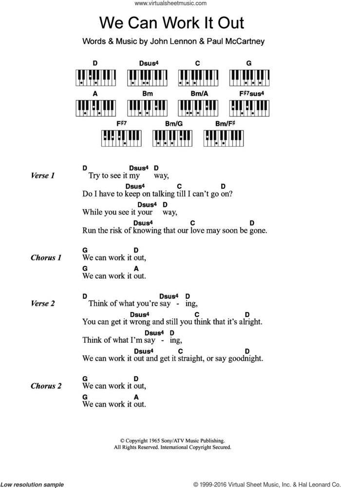 We Can Work It Out sheet music for piano solo (chords, lyrics, melody) by The Beatles, Paul McCartney and John Lennon, intermediate piano (chords, lyrics, melody)