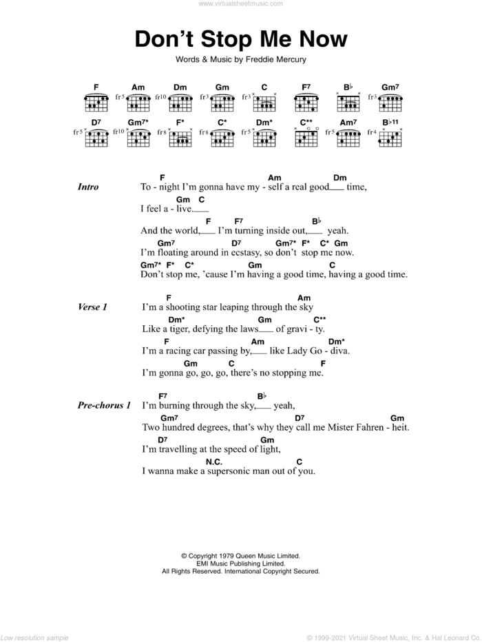 Don't Stop Me Now sheet music for guitar (chords) by Queen and Freddie Mercury, intermediate skill level