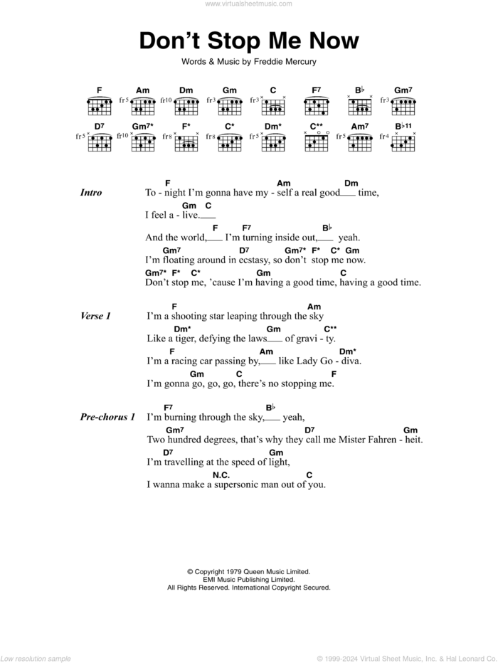 Don't Stop Me Now sheet music for guitar (chords) by Queen and Freddie Mercury, intermediate skill level