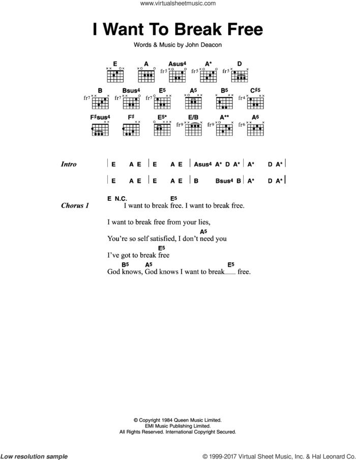 I Want To Break Free sheet music for guitar (chords) by Queen and John Deacon, intermediate skill level