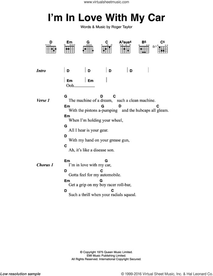 I'm In Love With My Car sheet music for guitar (chords) by Queen and Roger Meddows Taylor, intermediate skill level