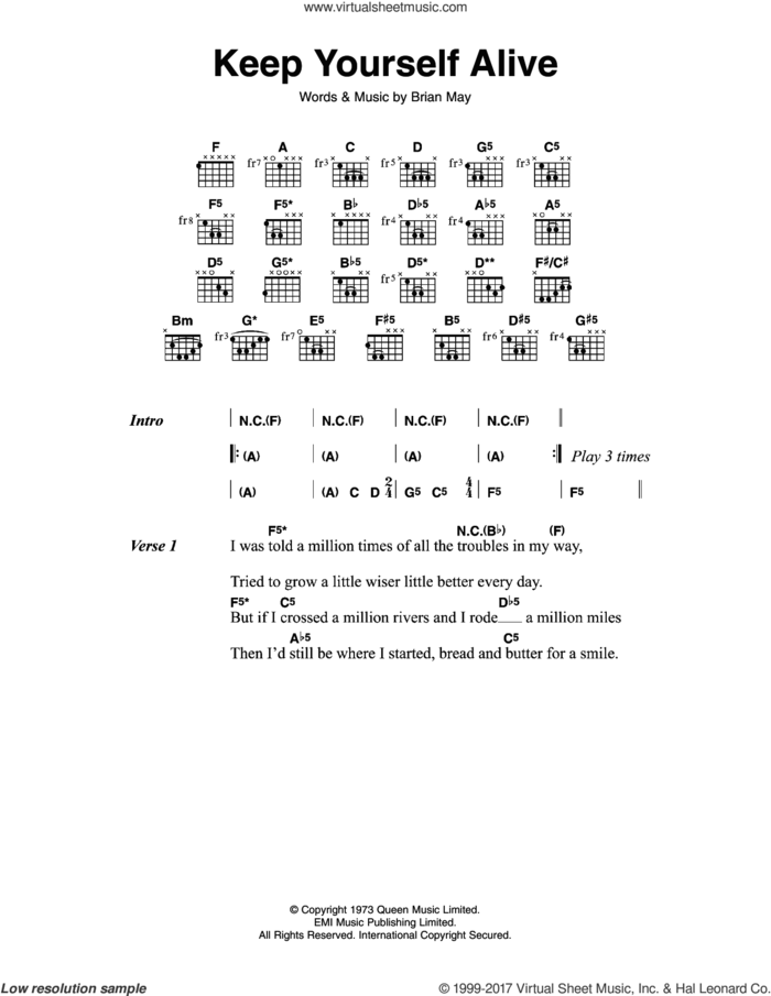 Keep Yourself Alive sheet music for guitar (chords) by Queen and Brian May, intermediate skill level