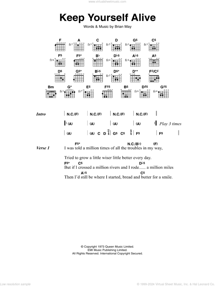 Keep Yourself Alive sheet music for guitar (chords) by Queen and Brian May, intermediate skill level