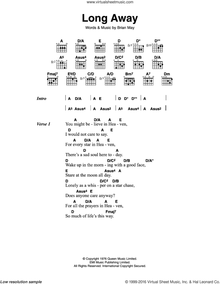 Long Away sheet music for guitar (chords) by Queen and Brian May, intermediate skill level