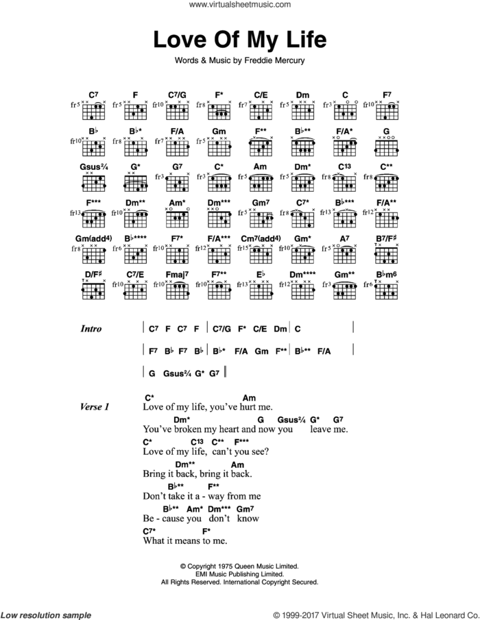 Love Of My Life sheet music for guitar (chords) by Queen and Freddie Mercury, intermediate skill level