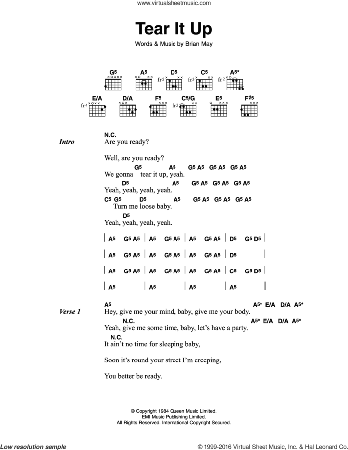 Tear It Up sheet music for guitar (chords) by Queen and Brian May, intermediate skill level