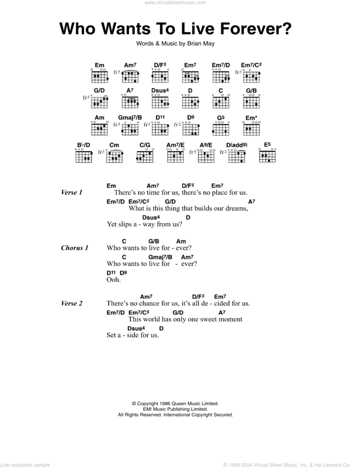 Who Wants To Live Forever? sheet music for guitar (chords) by Queen and Brian May, intermediate skill level