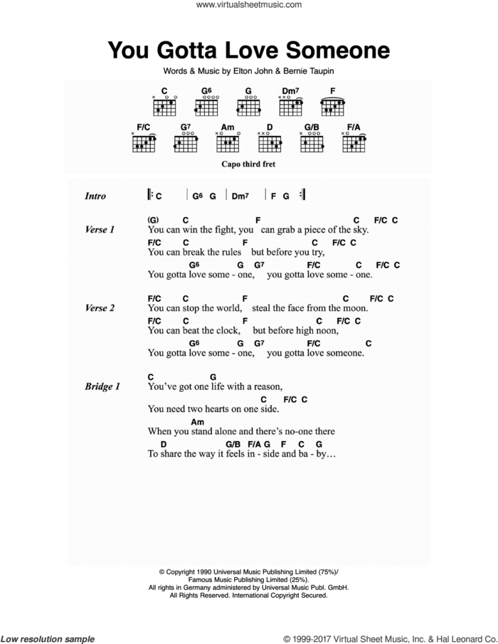 You Gotta Love Someone sheet music for guitar (chords) by Elton John and Bernie Taupin, intermediate skill level