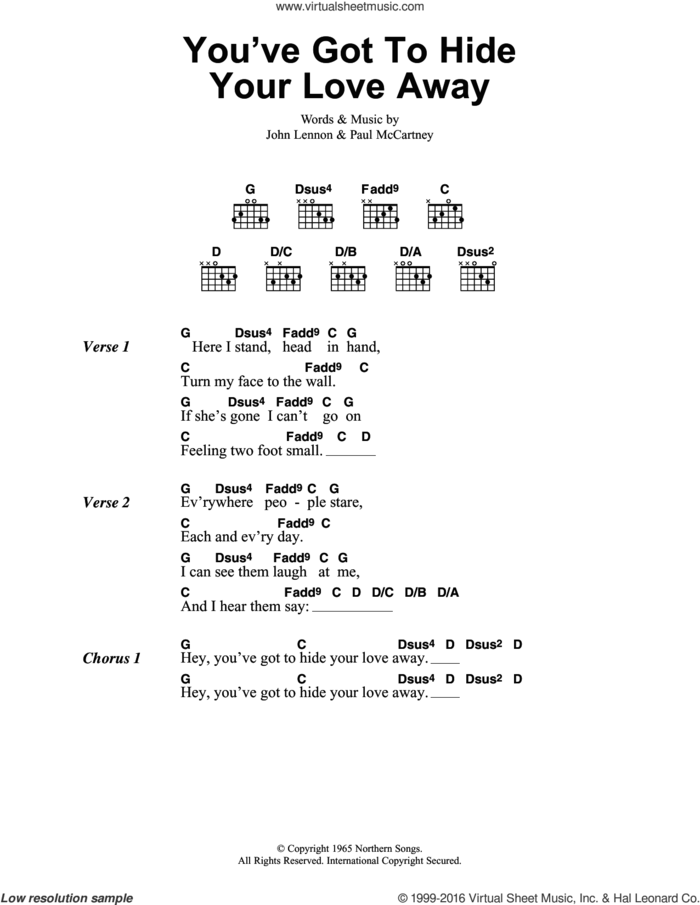 You've Got To Hide Your Love Away sheet music for guitar (chords) by The Beatles, John Lennon and Paul McCartney, intermediate skill level