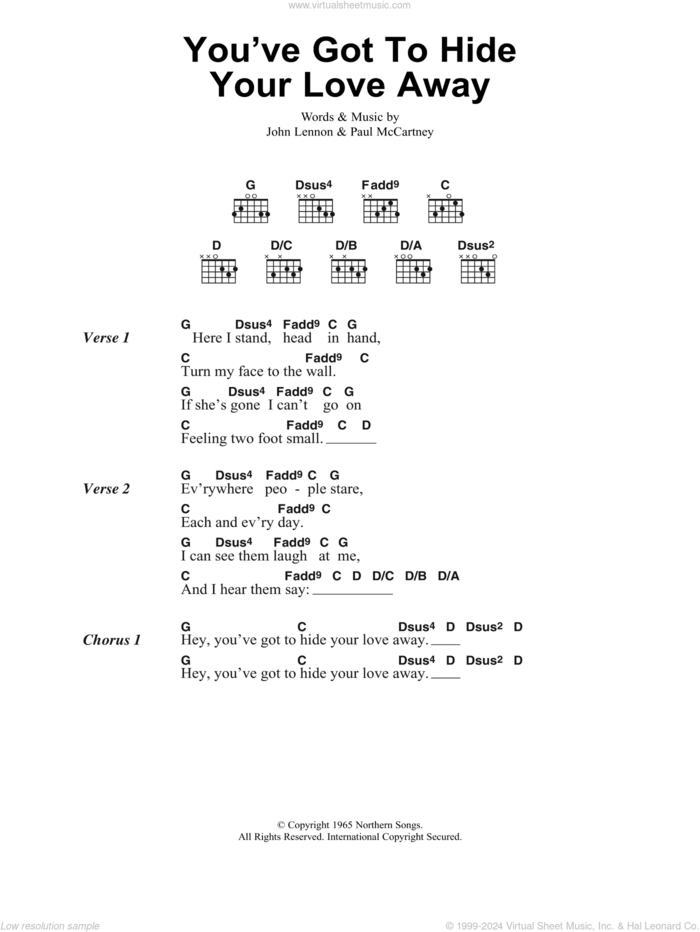 You've Got To Hide Your Love Away sheet music for guitar (chords) by The Beatles, John Lennon and Paul McCartney, intermediate skill level