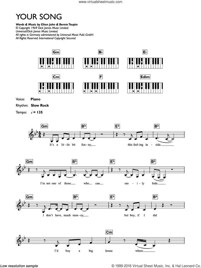 Your Song sheet music for piano solo (chords, lyrics, melody) by Ellie Goulding, Elton John and Bernie Taupin, intermediate piano (chords, lyrics, melody)