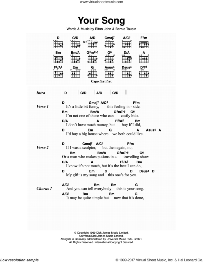 Your Song sheet music for guitar (chords) by Elton John and Bernie Taupin, intermediate skill level