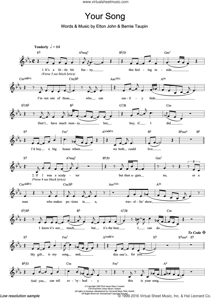 Your Song sheet music for voice and other instruments (fake book) by Elton John and Bernie Taupin, intermediate skill level