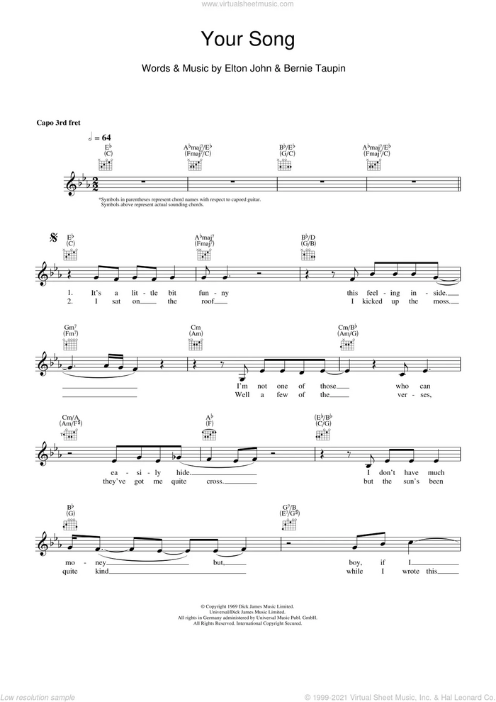 Your Song sheet music for voice and other instruments (fake book) by Elton John and Bernie Taupin, intermediate skill level