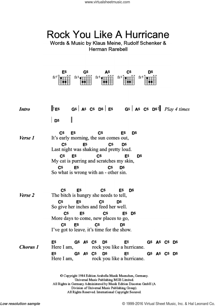 Rock You Like A Hurricane sheet music for guitar (chords) by Scorpions, Herman Rarebell, Klaus Meine and Rudolf Schenker, intermediate skill level