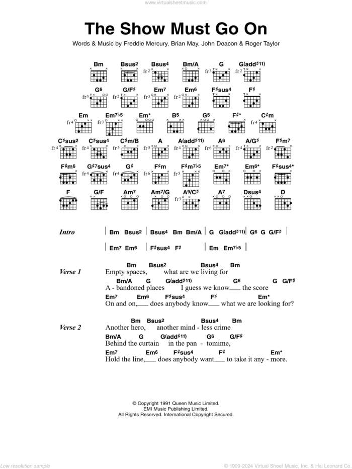 The Show Must Go On sheet music for guitar (chords) by Queen, Brian May, Freddie Mercury, John Deacon and Roger Taylor, intermediate skill level