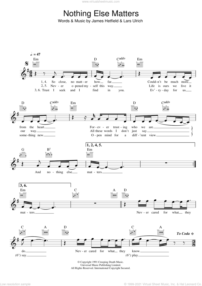 Nothing Else Matters sheet music for voice and other instruments (fake book) by Metallica, James Hetfield and Lars Ulrich, intermediate skill level