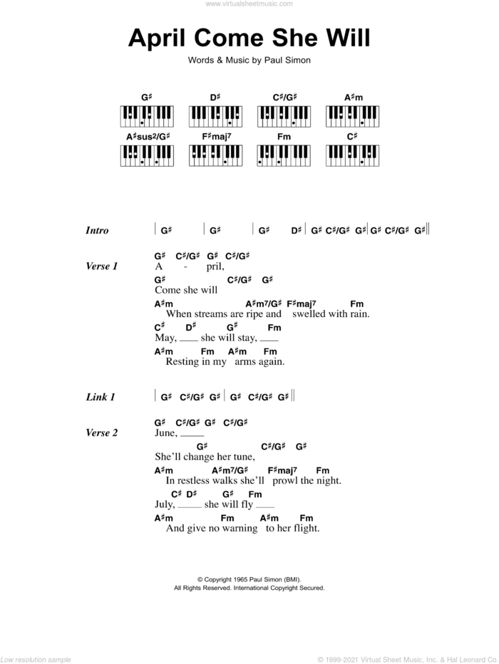 April Come She Will sheet music for piano solo (chords, lyrics, melody) by Simon & Garfunkel and Paul Simon, intermediate piano (chords, lyrics, melody)
