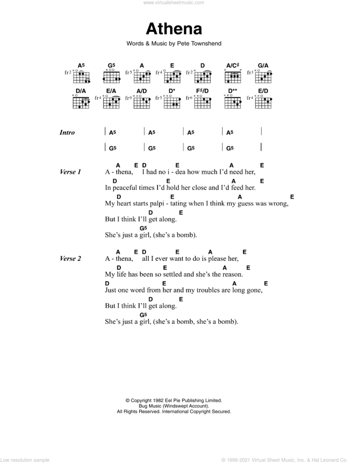 Athena sheet music for guitar (chords) by The Who and Pete Townshend, intermediate skill level