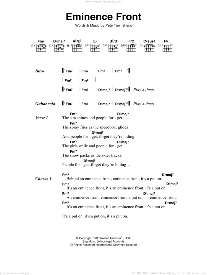 Eminence Front sheet music for guitar (chords) by The Who and Pete Townshend, intermediate skill level