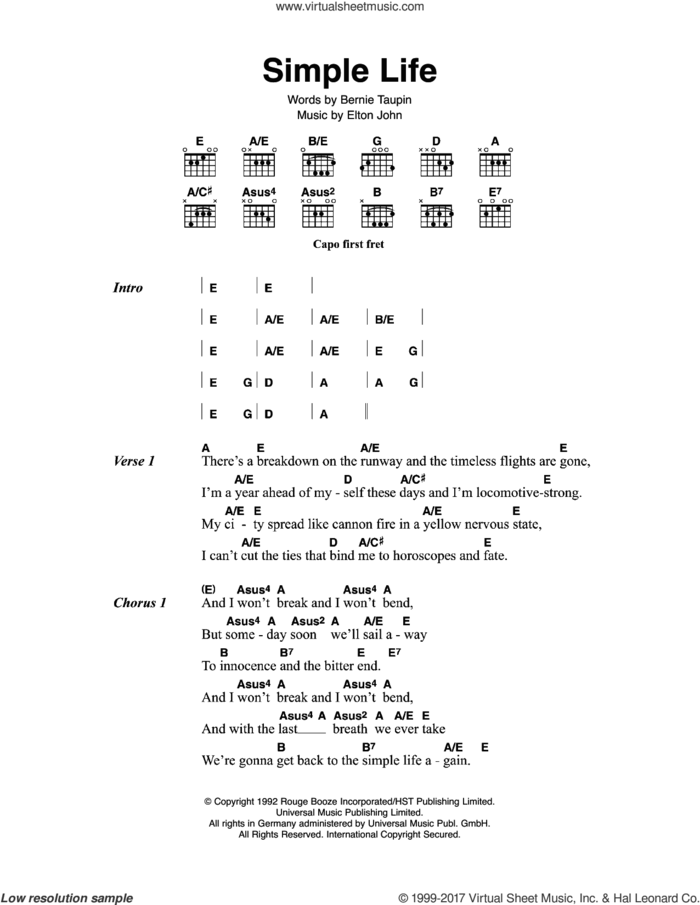 Simple Life sheet music for guitar (chords) by Elton John and Bernie Taupin, intermediate skill level