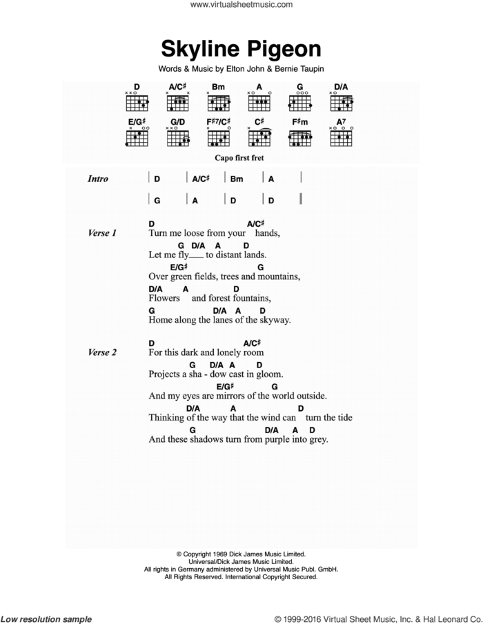 Skyline Pigeon sheet music for guitar (chords) by Elton John and Bernie Taupin, intermediate skill level