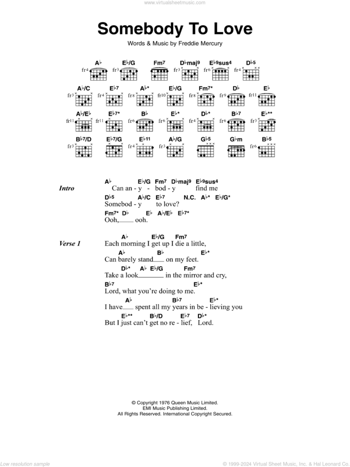 Somebody To Love sheet music for guitar (chords) by Queen and Freddie Mercury, intermediate skill level