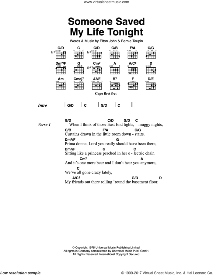 Someone Saved My Life Tonight sheet music for guitar (chords) by Elton John and Bernie Taupin, intermediate skill level