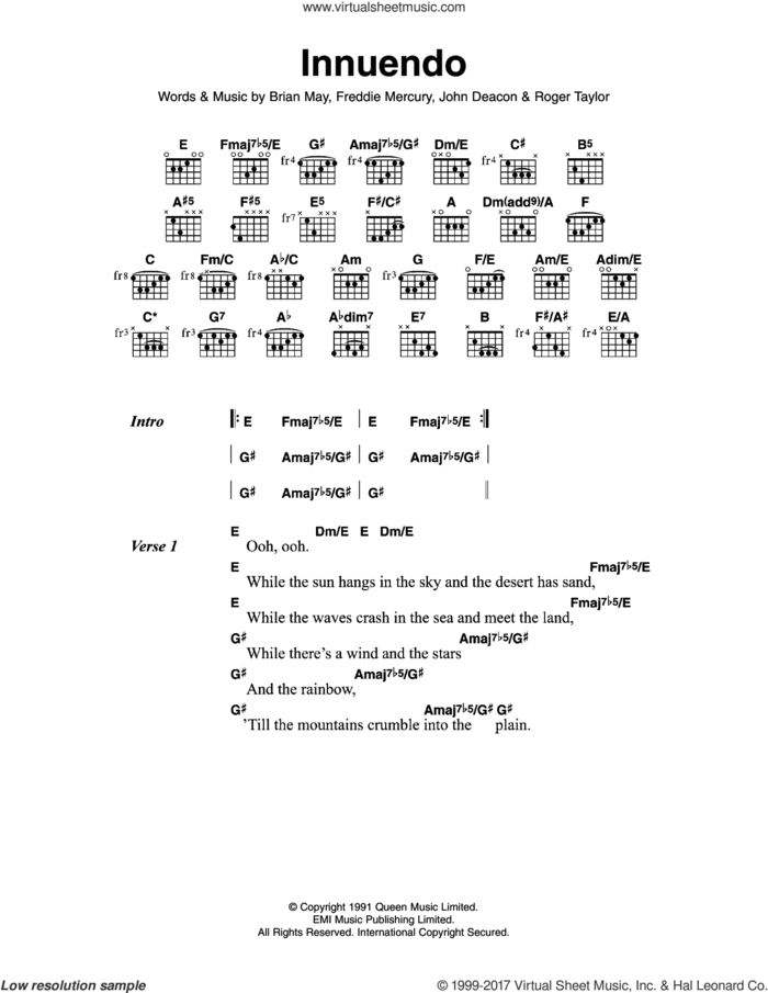 Innuendo sheet music for guitar (chords) by Queen, Brian May, Freddie Mercury, John Deacon and Roger Taylor, intermediate skill level