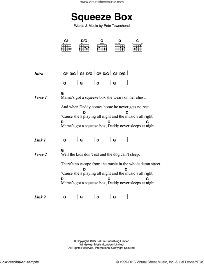Squeeze Box sheet music for guitar (chords) by The Who and Pete Townshend, intermediate skill level